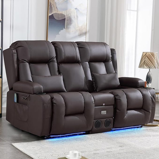 IPKIG Power Recliner Sofa with Flip-Up Backrest Console, USB & USB-C Ports, AC Outlet, LED Lights, Wall Hugger Recliners for Living Room, RV (Chestnut, 67" - 3 Seat) | Breathable Leather, Zero Gravity, Dual Reclining, 2 Lumabr Pillow, Bluetooth Speakers
