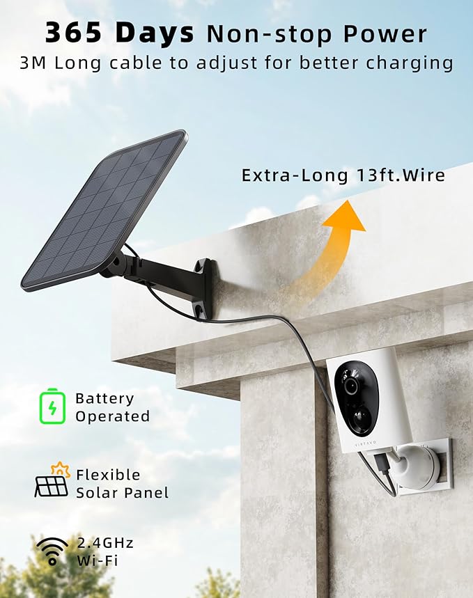 VIRTAVO 2K Wireless Security Camera Outdoor Home WiFi Surveillance Cam, Battery Powered,3W Solar Panel,Color Night Vision,AI Motion Detection,2‑Way Audio,IP66 Weatherproof,SD Card & No Subscription