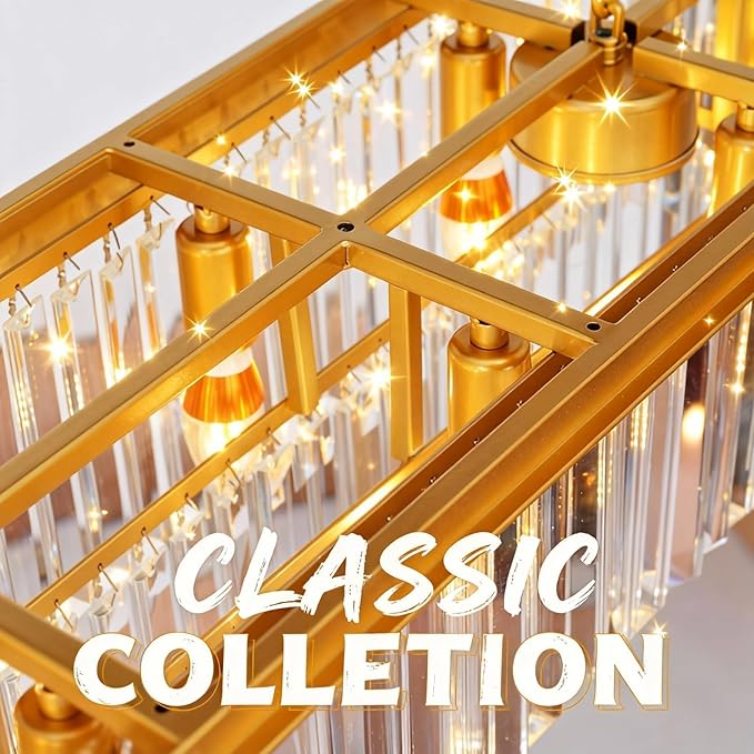 Gold Modern Rectangular Crystal Linear Chandeliers Rectangle Contemporary Pendant Ceiling Light Fixture for Kitchen Island, Dining Room, Bar, 12-Light 47 Inches