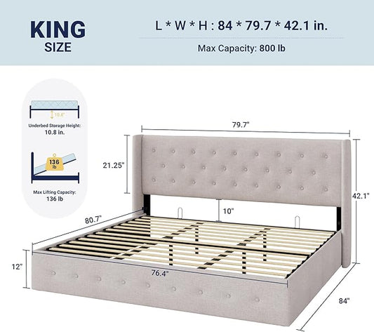 Allewie King Size Lift Up Storage Bed, Button Tufted Headboard with Wingback, Hydraulic Support, No Box Spring Needed, Light Beige