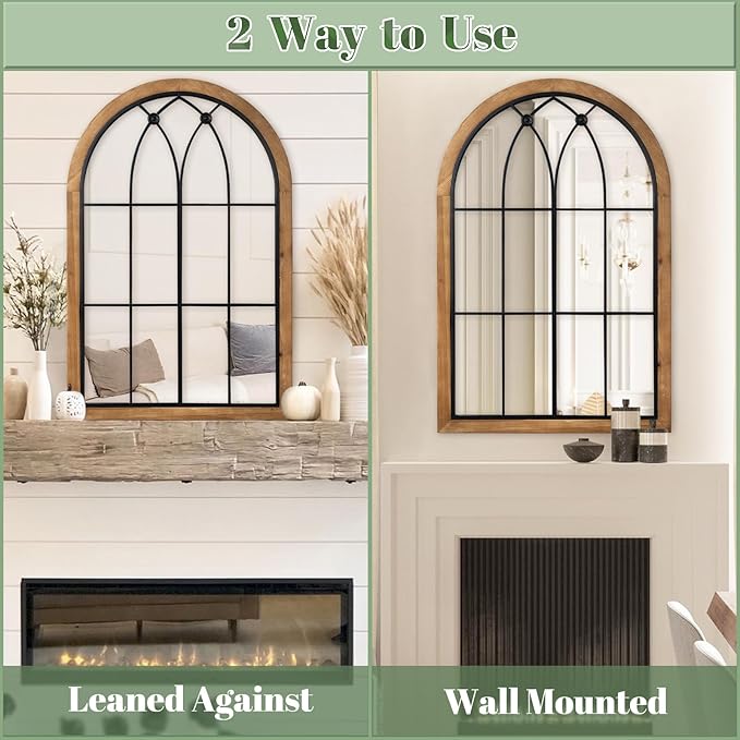 Farmhouse Wooden Arched Mirror, Decorative Arch Mirror Wall Decor, Rustic Window Pane Mirrors, Wood Framed Wall Mirrors for Entryway, Living Room