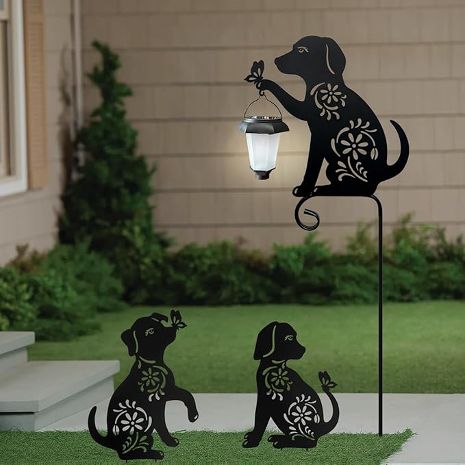 Dog Holding Solar Lantern Decorative Garden Stakes Outdoor Metal Dogs Decorative Stakes for Yard,Lawn,Patio,Pathway (Dog Decor Stakes)