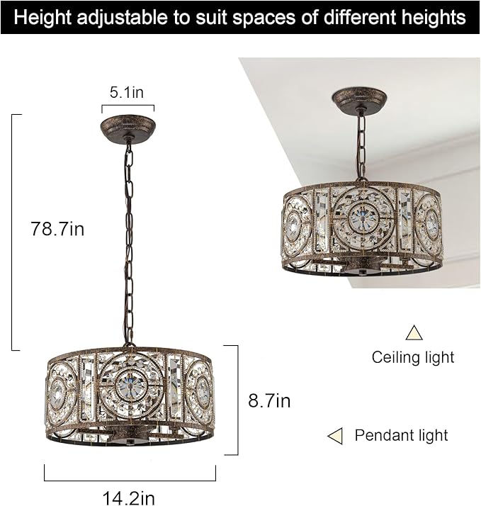 Bronze Vintage Crystal Chandeliers for Dining Room 14.17" Drum Pendant Lights, Dining Room Light Fixtures Over Table, Hanging Chandelier for High Ceiling Kitchen Island Living Room Foyer