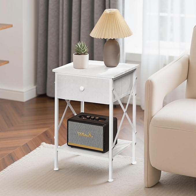 VECELO Nightstand Set of 2, X-Design End Side Table with Fabric Storage Drawer and Open Shelf, Bedside Night Stand with Steel Frame for Bedroom, Living Room,Dorm, Easy Assembly,White