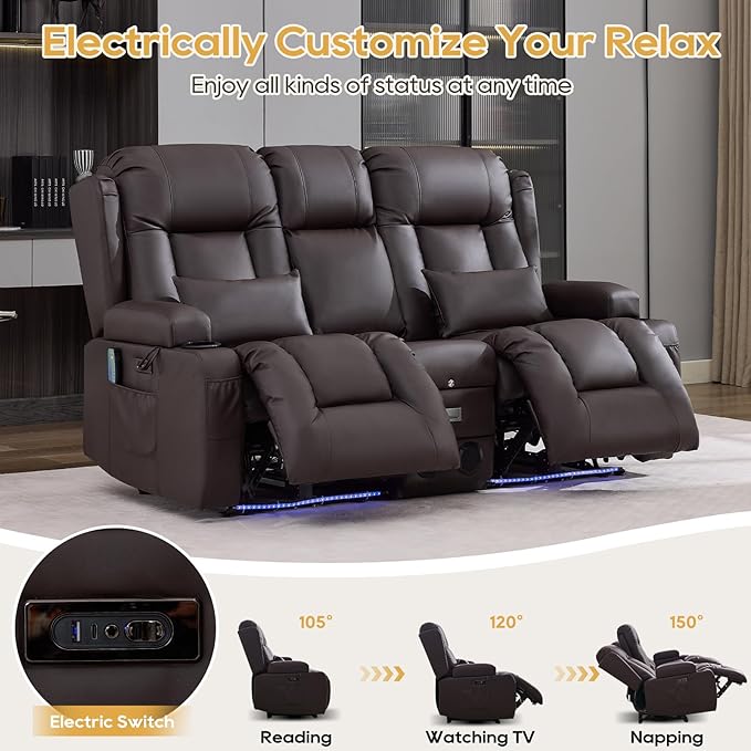 IPKIG Power Recliner Sofa with Flip-Up Backrest Console, USB & USB-C Ports, AC Outlet, LED Lights, Wall Hugger Recliners for Living Room, RV (Brown, 67" - 3 Seat) | Faux Leather, Zero Gravity, Dual Reclining, 2 Lumabr Pillow, Bluetooth Speakers