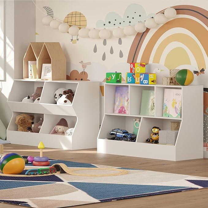 DINZI LVJ Toy Storage Organizer, Kids Bookshelf, Wood Toy Storage Cabinet, 5 Cubby Children Bookcase, 43.3" L Toddler Book Shelf for Playroom, Living Room, Nursery, Hallway, School, White