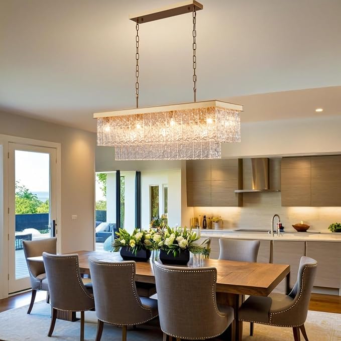 35.4 Inch 11-Light E12 Modern Dining Room Chandelier, Kitchen Island Chandelier Black Rectangular, Water Ripple Glass Adjustable Hanging Ceiling Light Fixture