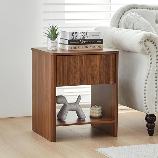 Fluted 1 Drawer Small Dresser for Bedroom, Mid Century Modern Nightstand with Drawers, Low Bedside Table with Drawers, End Table Short Storage, Living Room, Dorm -Walnut