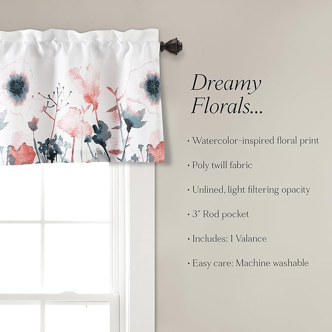 Lush Decor Zuri Flora Room Darkening Valance Curtain Single 52" W x 18" L + 2" Header Blue & Coral - Valances for Windows - Floral Kitchen Curtains