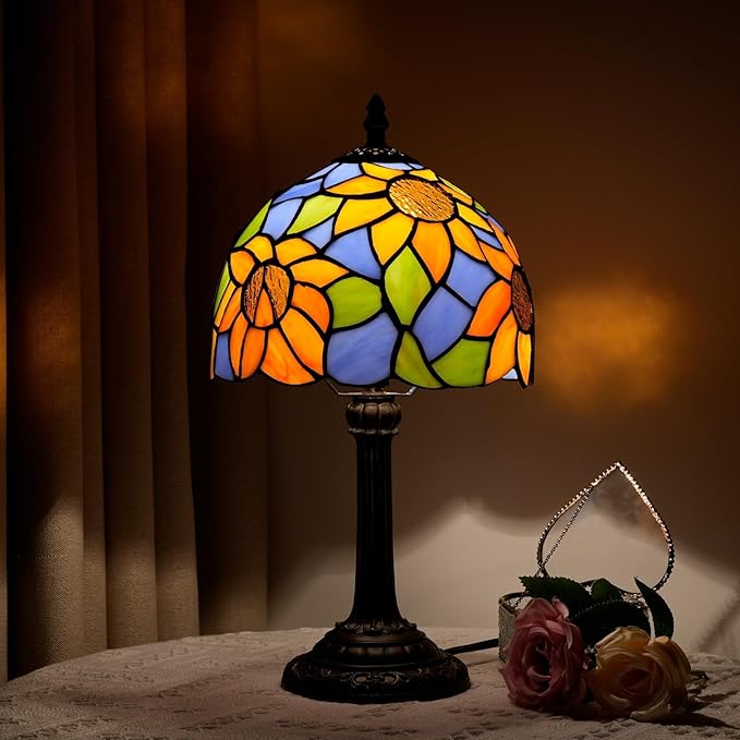 Tiffany Lamp Bedside Table Lamp-Nightstand,Stained Glass Lamp for Bedroom Dorm Living Kitchen, Aesthetic Cute Home Decor Gift (Blue Background Sunflower)