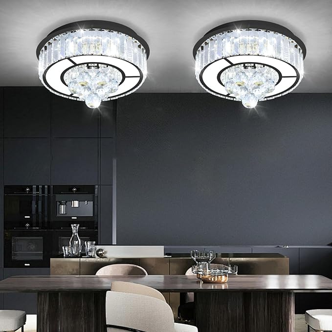 11.8'' Black Modern Crystal Chandeliers for Dining Room LED Dimmable Light Fixtures Flush Mount Light Living Room Bedrooms