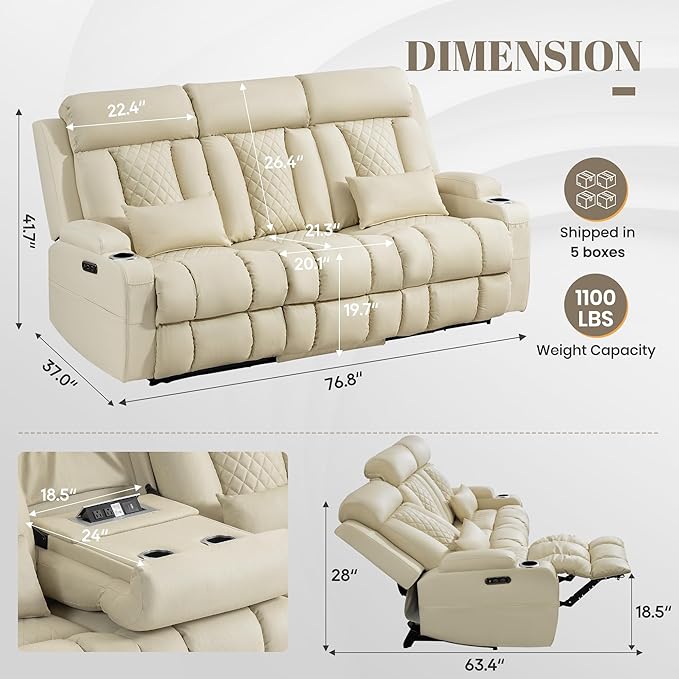 Zero Wall Hugger Power Reclining Sofa Set with Adjustable Headrest, Electric Reclining Couch with Drop-Down Table,Outlets, Power Loveseat Recliner Sofa for Living Room | Cat-Proof Leather