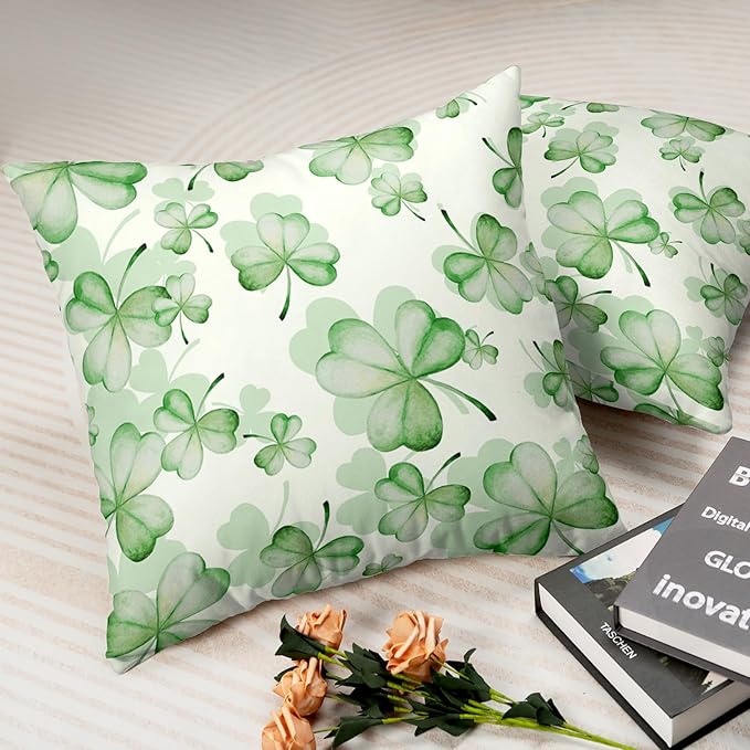 Spring Summer Green Flower Clover Pillow Cases St Patricks Pillow Covers 18x18 Set of 2 Lucky Charm Throw Pillow Covers St Patricks Home Decor for Couch Bed Sofa