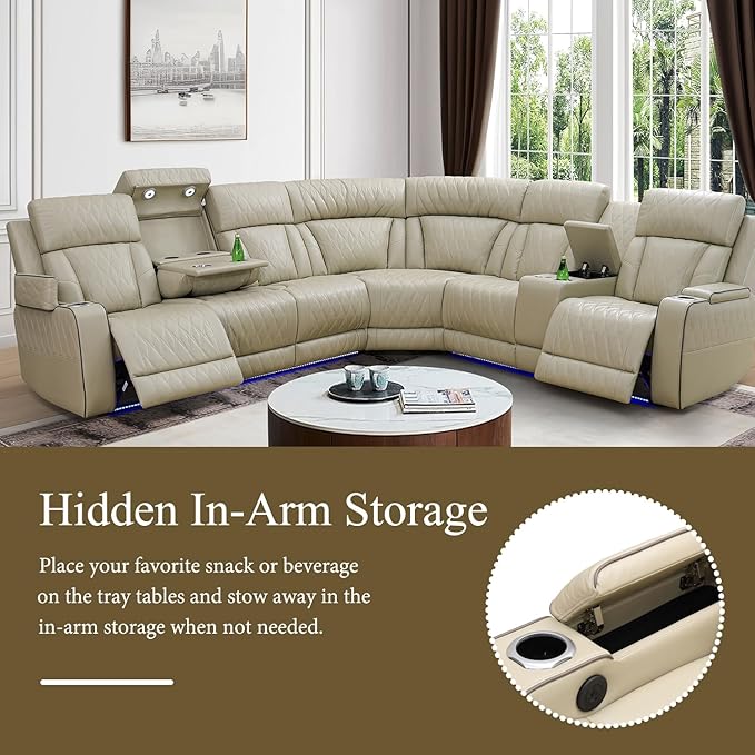 Air Leather Recliner Sectional Sofa Set, Power Reclining Sectional Couch for Living Room, L Shaped Recliner Corner Couch and Single Chair with LED Lighting, USB Port&Storage (Beige)