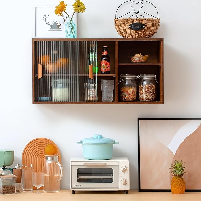 HollyHOME Bamboo Wall Mounted Kitchen Sideboard with 2 Glass Doors and Adjustable Shelves, Freestanding Wall Storage Cabinet with Side Shelf for Bottle, Dish, Bowl, Console Dining Cupboard, Walnut