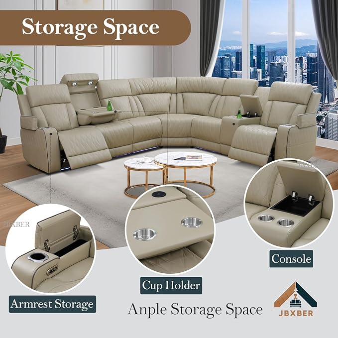 Power Recliner Sectional Sofa Set, Leather Couches for Living Room, Power Reclining Sofa 3 Piece Set with USB Ports, Cup Holder, Hidden Storage (Beige)
