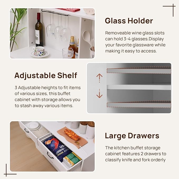 Sideboard Buffet Cabinet with Storage, 47'' Farmhouse Coffee Bar Cabinet, Kitchen Pantry Storage Cabinet with Doors and Shelves for Dining Room, Living Room, Kitchen, White