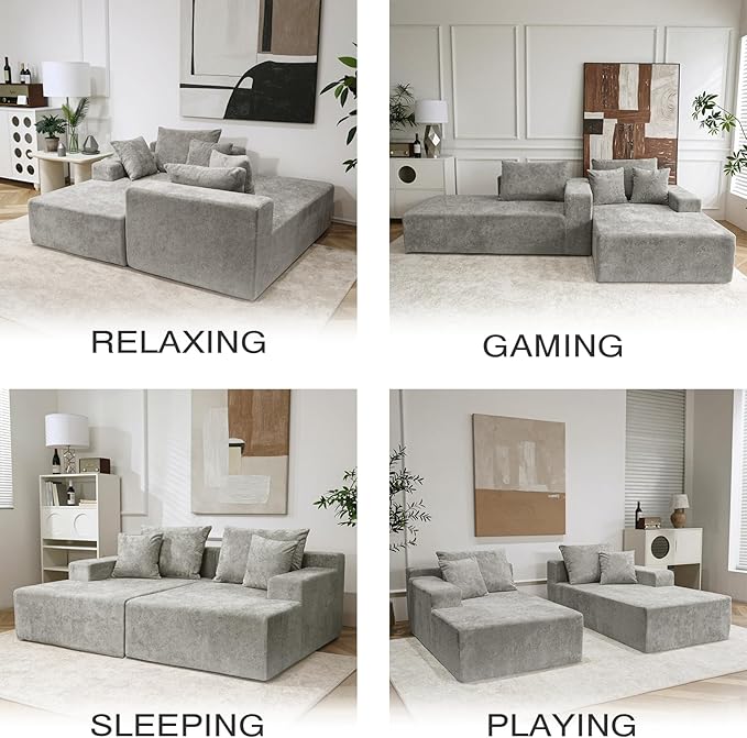 SYTOPIA Loveseat Chaise Lounge with Armrests, Oversized Sofa Bed with 4 Pillows, Cozy Boneless Sleeper, Modular Sectional Couch for Living Room Bedroom, Floor Chair Furniture sala Chenille, Urban Grey