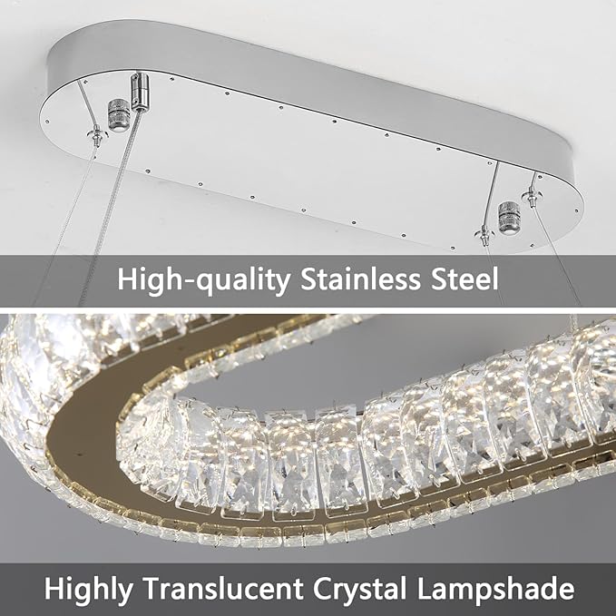 LED Ring Chandelier Oval Rings Pendant Lights for Dining Table Kitchen Island Remote Dimmable Hanging Light Chandeliers for Entryway Living Room Crystal Lighting Silver