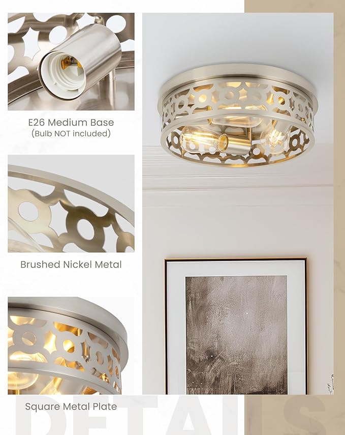 Flush Mount Ceiling Light Fixtures,Brushed Nickel 3-Light Hallway Light Fixtures,13 inch Modern Light Fixture Ceiling Mount for Farmhouse Kitchen Bedroom 2 Pack