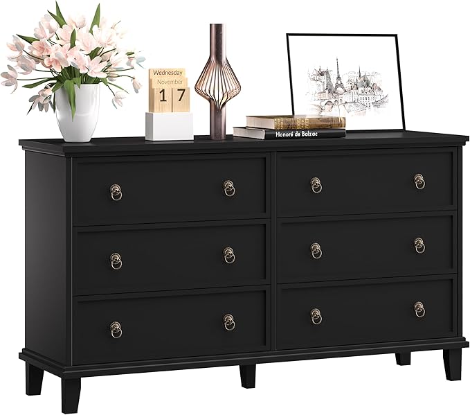 Black Dresser for Bedroom, 53.1'' Wide Chest of Drawers with 6 Drawers, Large Storage Wooden Dresser for Living Room, Entryway, Hallway