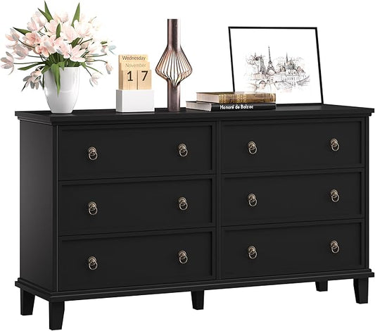 Black Dresser for Bedroom, 53.1'' Wide Chest of Drawers with 6 Drawers, Large Storage Wooden Dresser for Living Room, Entryway, Hallway