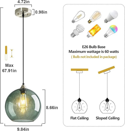 Gray Green Glass Pendant Lights Kitchen Island Lighting Globe Pendant Light Fixtures Modern Pendant Lighting for Kitchen Island Bedroom Living Dining Room Light Fixture(9.84in, 2-Pack)