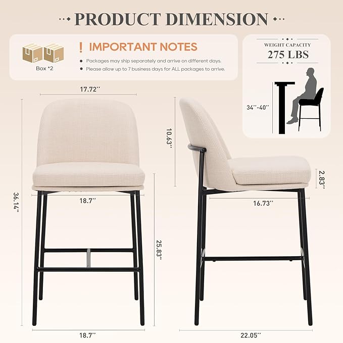 Bar Stools Set of 4, Modern Upholstered Counter Height Bar Chairs with Cushioned Seat and Curved Back, Fabric Kitchen Island Stools with Sturdy Metal Legs for Dining Room Island Bar, Beige