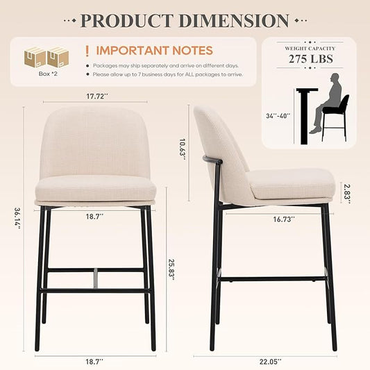 Bar Stools Set of 4, Modern Upholstered Counter Height Bar Chairs with Cushioned Seat and Curved Back, Fabric Kitchen Island Stools with Sturdy Metal Legs for Dining Room Island Bar, Beige