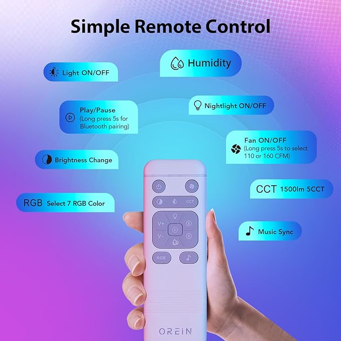 OREiN 4-in-1 Matter Smart Bathroom Exhaust Fan with Light, Bluetooth Speaker & Humidity Sensor, 110/160 CFM, 1500LM 2700K-6500K, Alexa/App/Remote Control, Required Ceiling Opening 11.39"x10.42"