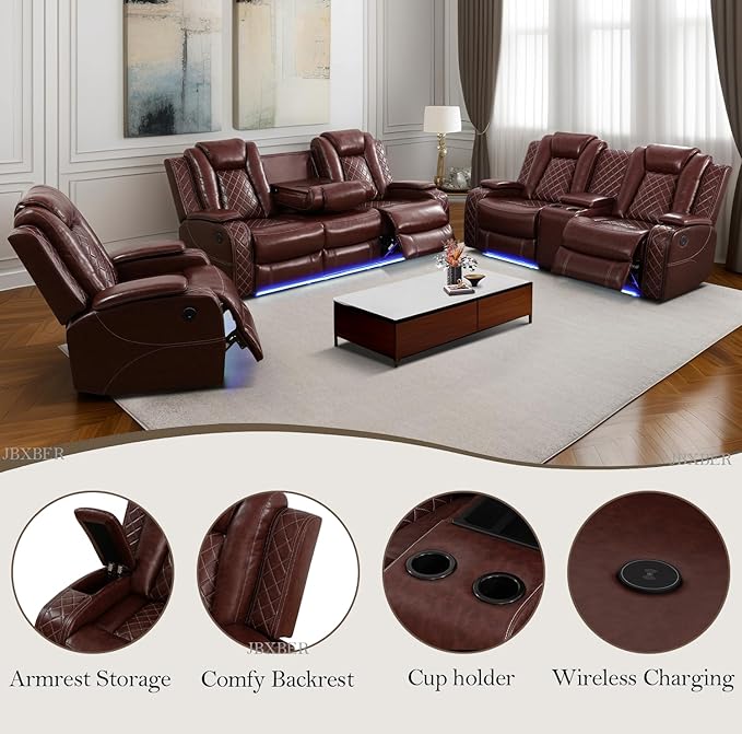 Power Recliner Sofa Set for Living Room, Leather Power Reclining Sofa Sets with LED Lights, Console Storage, Recliner Couch with USB Port(Sofa, Loveseat and Chair,Red)