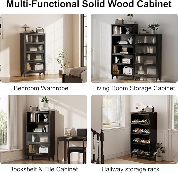 60'H Solid Wood Bookcase,4 Tier Tall Black Book case with Doors, Display Cabinet Storage Shelves for Collectibles, Living Room Bedroom Home Office Kitchen