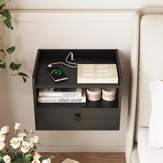 Floating Nightstand Set of 2 Modern Night Stands with Drawer and Open Shelf Cubby Small Bedside End Table with Charging Station Wall Mounted Nightstands Set 2 for Bedroom Black