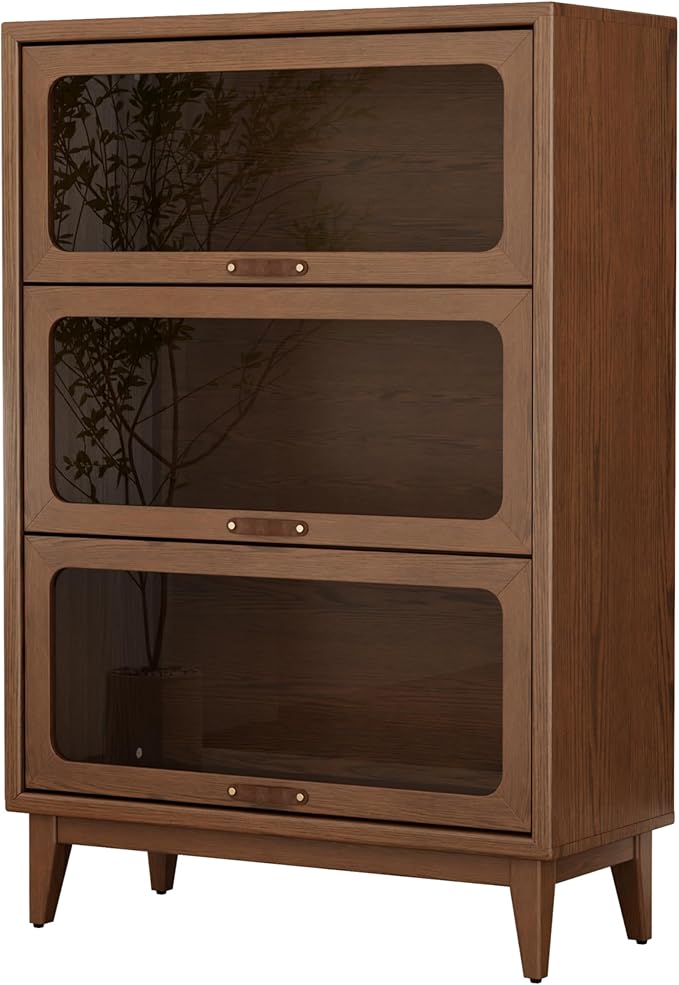 AQIMUELE Solid Wood Storage Cabinet with Glass Doors, 3 Shelf Small Storage Cabinet, Mid Century Modern Bookcase, Kitchen Pantry Cabinet (Walnut-Clear Glass, 31.5" W)