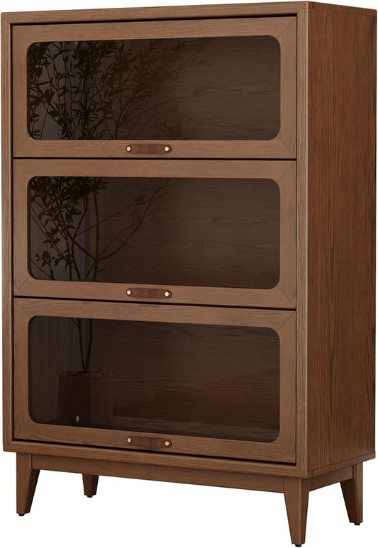 AQIMUELE Solid Wood Storage Cabinet with Glass Doors, 3 Shelf Small Storage Cabinet, Mid Century Modern Bookcase, Kitchen Pantry Cabinet (Walnut-Clear Glass, 31.5" W)