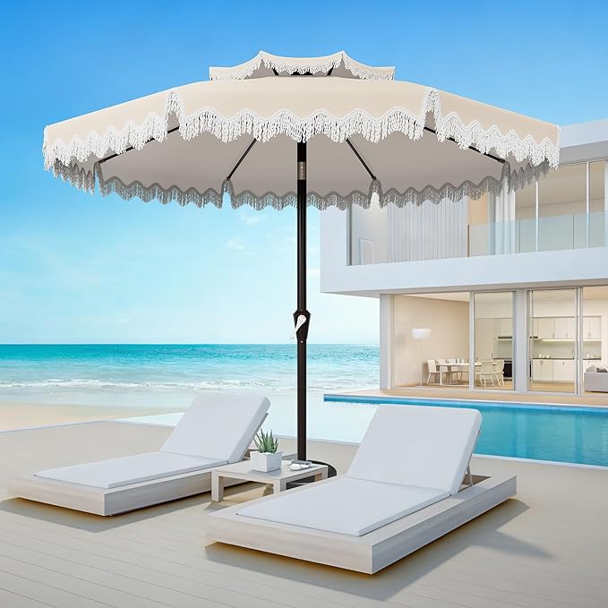 AreShark 9FT Patio Umbrella with Fringe, Wind-Resistant Fiberglass 8 Ribs Tassel Outdoor Umbrella with Crank and Push Button Tilt, Double Tier Vent Sun Shade for Pool, Deck, Backyard, Off-White