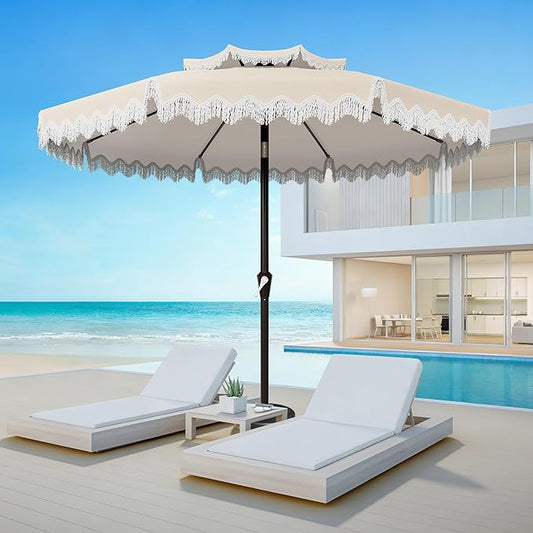 AreShark 9FT Patio Umbrella with Fringe, Wind-Resistant Fiberglass 8 Ribs Tassel Outdoor Umbrella with Crank and Push Button Tilt, Double Tier Vent Sun Shade for Pool, Deck, Backyard, Off-White