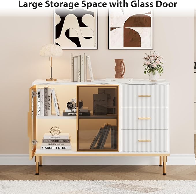 GAOMON Buffet Sideboard Cabinet with Storage, 46.4" Large Fluted Kitchen Sideboard Cabinet with 2 Glass Doors 3 Drawers and Shelves, Faux Marble Top Buffet Table for Dining Room, Living Room, White
