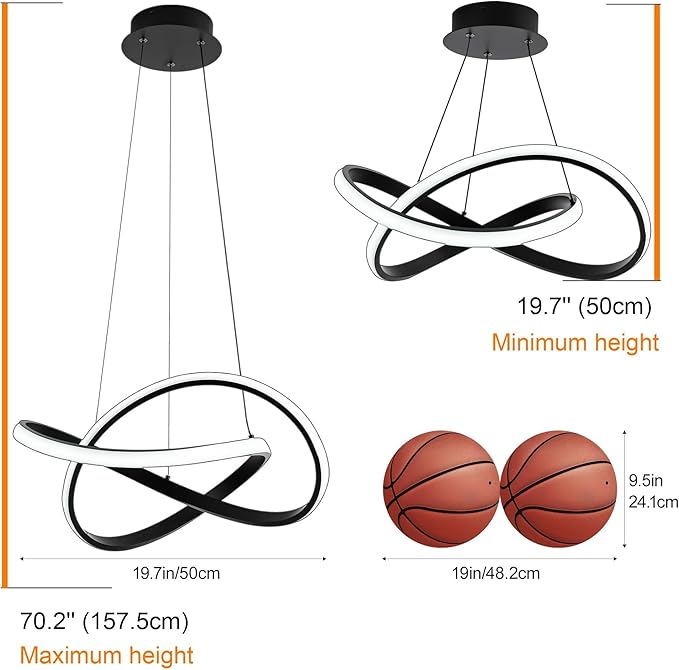 MAYNA Modern Chandelier with Remote Control, 3-Color Dimmable LED Pendant Light Fixtures, Height Adjustable Kitchen Island Lighting for Dining Room,Bedroom,Living Room, Black 19.7 inch