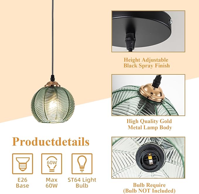Globe Pendant Light 2 Pack Island Pendant Lights for Kitchen Hand Blown 1-Light Small Glass Pendant Light with Green Ribbed Shade mid Century Pendant lamp for Dining Room Bedroom