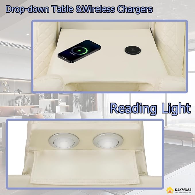 2 PCS Living Room Furniture Set with LED Lights, Power Recliner Sofa Set, Creamy White Breathing Leather Power Reclining Sofa Couches with Charging Ports/Storage/Cup Holders for Home Theater/Office