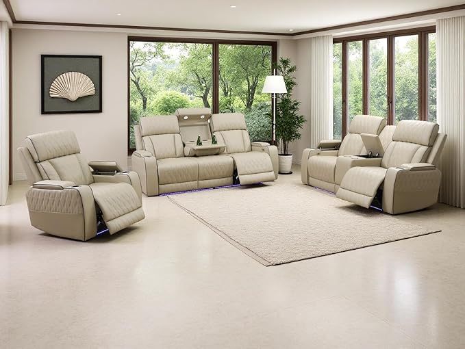 3PCS Power Recliner Sofa with Drop-Down Table Cup Holder, Living Room Furniture Sets, Beige Breathing Leather Power Reclining Sofa Set with 5 Recliner Seats,Storage Console for Living Room