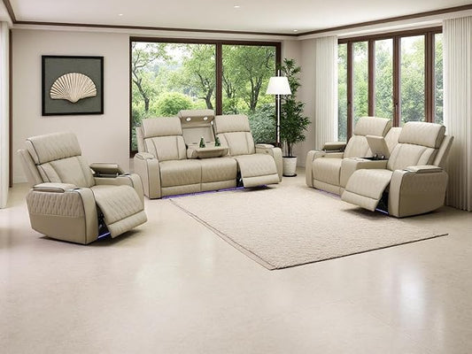 3PCS Power Recliner Sofa with Drop-Down Table Cup Holder, Living Room Furniture Sets, Beige Breathing Leather Power Reclining Sofa Set with 5 Recliner Seats,Storage Console for Living Room