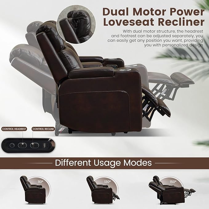 Power Reclining Loveseat with Console, Power Loveseat Recliner Sofa with Adjustable Headrest/LED Light/Wireless Charging/Arm Storage, Power Recliner Loveseat for Living Room (Brown, 2 Seater)