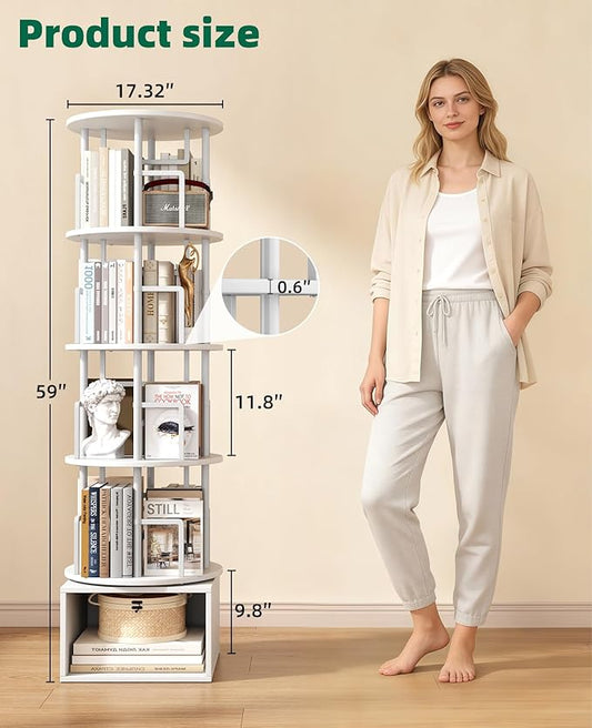 5 Tier Rotating Bookshelf with Extra Storage Cabinet, 360°Spinning Corner Bookshelf, Floor Standing Bookcase for Kids & Adult, Narrow Book Shelf for Bedroom Living Room, Pure White