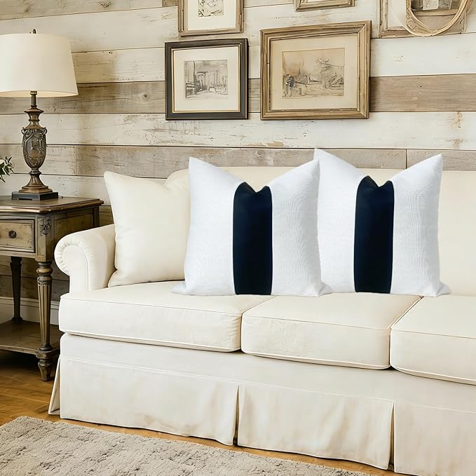 Slow Cow Black Faux Leather and Off White Linen Patchwork Throw Pillow Covers Stripe Cushion Covers 18 x 18 Inches