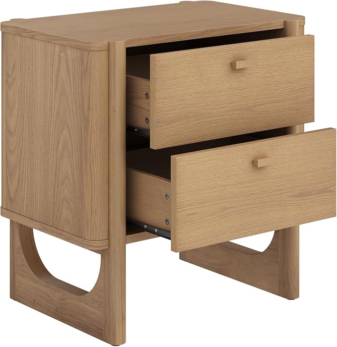 Nathan James Solace Mid Century Modern 2 Drawer Nightstand with Solid Wood Frame and Rounded Details, Raw Oak