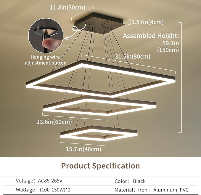 Modern LED Chandelier, Black Square Chandelier, 3 Rings Ceiling Pendant Light with Remote Control, Modern Chandelier Lighting for Bedrooms Dining Rooms