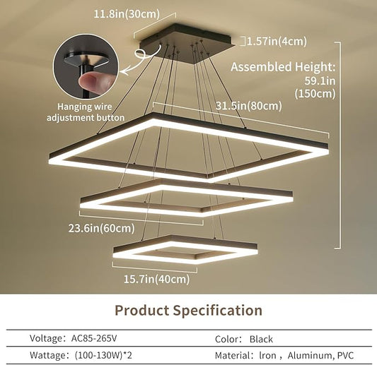Modern LED Chandelier, Black Square Chandelier, 3 Rings Ceiling Pendant Light with Remote Control, Modern Chandelier Lighting for Bedrooms Dining Rooms