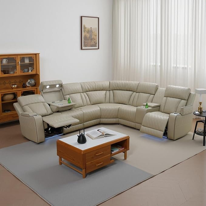 Power Recliner Sectional Sofa with LED Light, Breathing Leather Recliner Sofa Couch with Storage/Cup Holder for Living Room Home Office Theater (Beige)